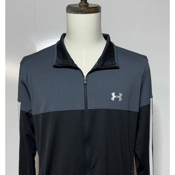 Under Armour Jacket Mens XXL Gray Black Colorblock Fitted Pique Track Full Zip - Picture 2 of 8